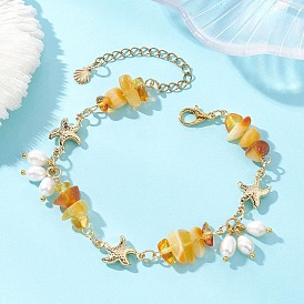 Браслеты с подвесками из натурального культивированного пресноводного жемчуга, Браслеты из натурального янтаря и бусин в форме морской звезды из нержавеющей стали для женщин.