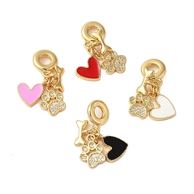 Rack Plating Brass Micro Pave Clear Cubic Zirconia European Dangle Charms, Enamel Heart & Bone & Paw Print Large Hole Pendants, Real 18K Gold Plated, Cadmium Free & Lead Free, Long-Lasting Plated