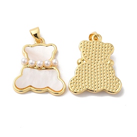 Rack Plating Brass Pendants, with Natural Shell & Plastic Pearls, Long-Lasting Plated, Cadmium Free & Lead Free, Bear Charm