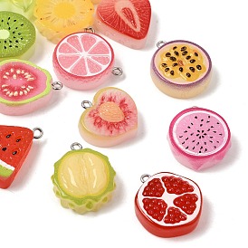 Fruit Theme Printed Opaque Resin Pendants, Mixed Shapes Charms, with Platinum Iron Loop