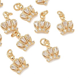 SHEGRACE Brass Micro Pave Cubic Zirconia Pendants, Cadmium Free & Nickel Free & Lead Free, Crown Charms, Clear
