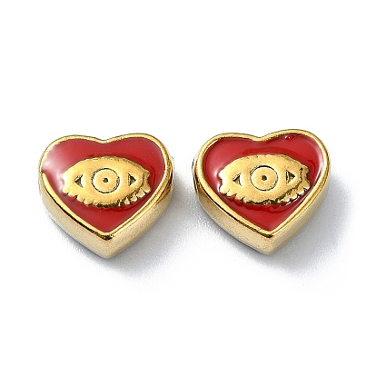 Ion Plating(IP) 304 Stainless Steel Enamel Beads, Real 18K Gold Plated, Heart with Eye