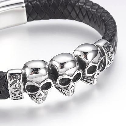 Leather Cord Bracelets, with 304 Stainless Steel Findings and Magnetic Clasps, Skull