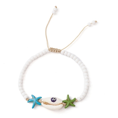 Synthetic Turquoise Starfish & Natural Shell Braided Bead Bracelets, Nylon Thread Adjustable Bracelet