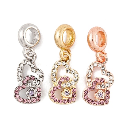 Стойки с покрытием из сплава с кристаллами и светло-розовыми стразами, европейские подвески с подвесками, подвески с двойным сердцем и большими отверстиями