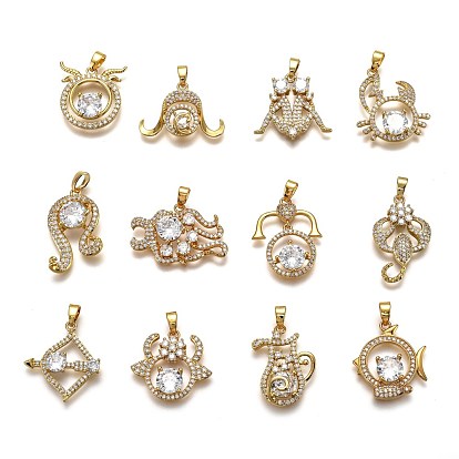Brass Clear Cubic Zirconia Constellation Charms, Long-Lasting Plated, with Jump Ring