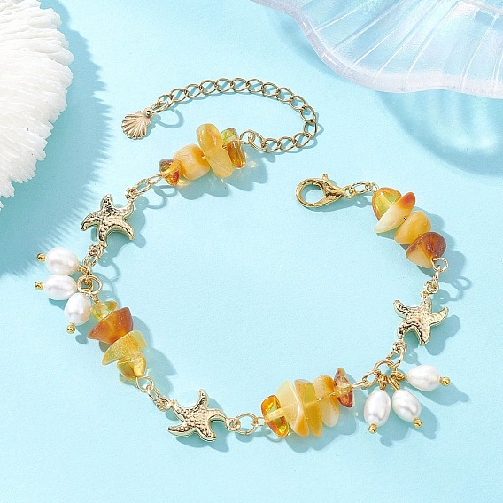 Браслеты с подвесками из натурального культивированного пресноводного жемчуга, Браслеты из натурального янтаря и бусин в форме морской звезды из нержавеющей стали для женщин.