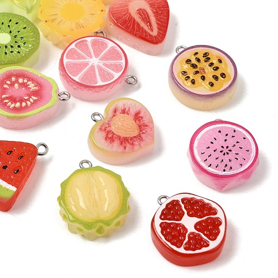 Fruit Theme Printed Opaque Resin Pendants, Mixed Shapes Charms, with Platinum Iron Loop