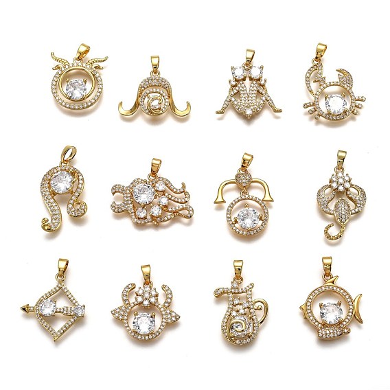 Brass Clear Cubic Zirconia Constellation Charms, Long-Lasting Plated, with Jump Ring