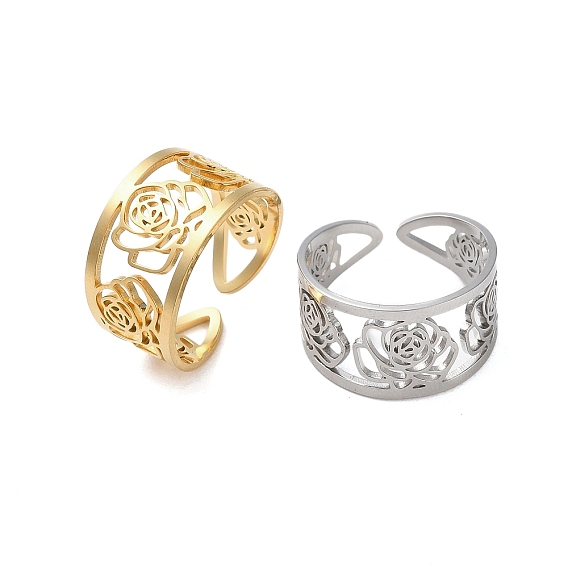 304 Stainless Steel Open Cuff Ring for Women, Flower