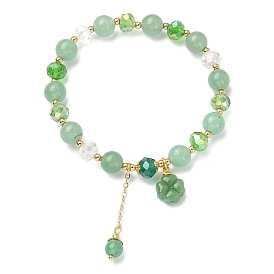 Natural Green Aventurine & Glass Beaded Stretch Bracelet, Clover & Brass Tassel Charms Bracelet for Women