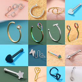 304 Кольца для носа из нержавеющей стали, кольца для носовых костей/кольца для носа с клипсами, конус бабочка сердце