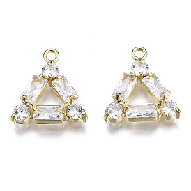 Brass Inlaid Clear Cubic Zirconia Pendants, Cadmium Free & Nickel Free & Lead Free, Triangle