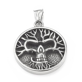 304 Stainless Steel Pendants, Flat Round with Tree of Life Pattern