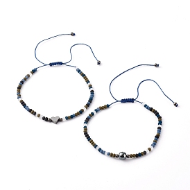 Adjustable Non-Magnetic Synthetic Hematite Beads Nylon Thread Braided Bead Bracelets Set, with Faceted Glass Beads, Brass Beads, Heart