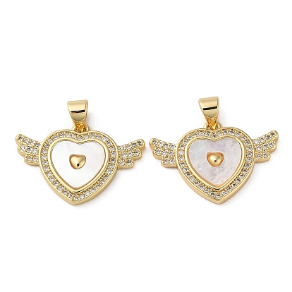Brass Micro Pave Cubic Zirconia Pendants, Cadmium Free & Lead Free, with Shell, Heart with Wings