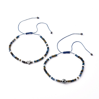 Adjustable Non-Magnetic Synthetic Hematite Beads Nylon Thread Braided Bead Bracelets Set, with Faceted Glass Beads, Brass Beads, Heart