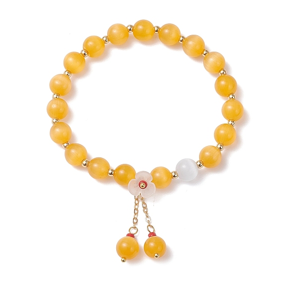 Эластичные браслеты из кошачьего глаза для женщин, латунные кабельные цепи и акриловые браслеты с подвесками в виде цветочных кисточек