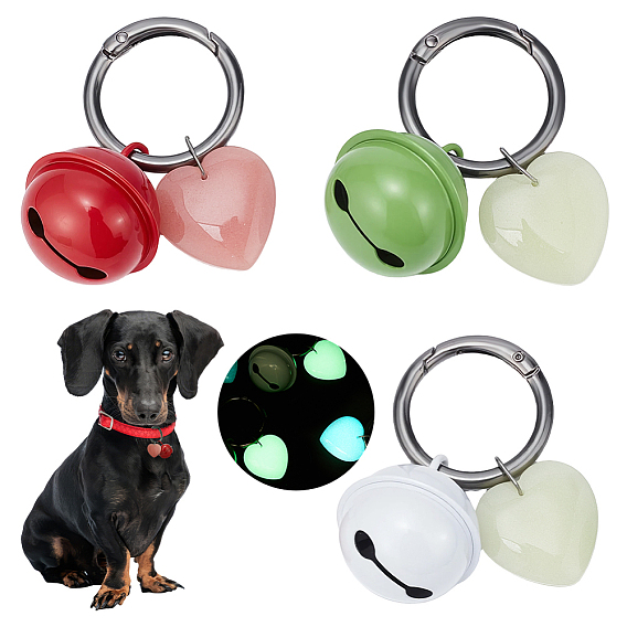 3 шт. подвесные украшения из синтетического светящегося камня и железного колокольчика, с пружинными застежками из сплава, металлический черный 