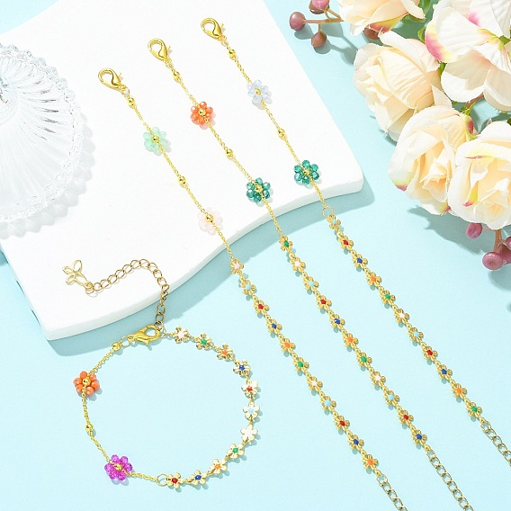 Латунь ссылка браслеты, Женские цепочки ручной работы из латуни с эмалированными звеньями, цветок, золотые