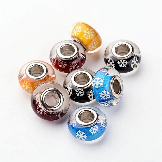 Resin European Beads, Christmas Theme, Large Hole Rondelle Beads, with Snowflake Pattern and Brass Double Cores, Platinum