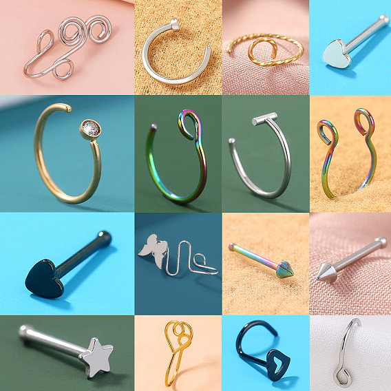 304 Кольца для носа из нержавеющей стали, кольца для носовых костей/кольца для носа с клипсами, конус бабочка сердце