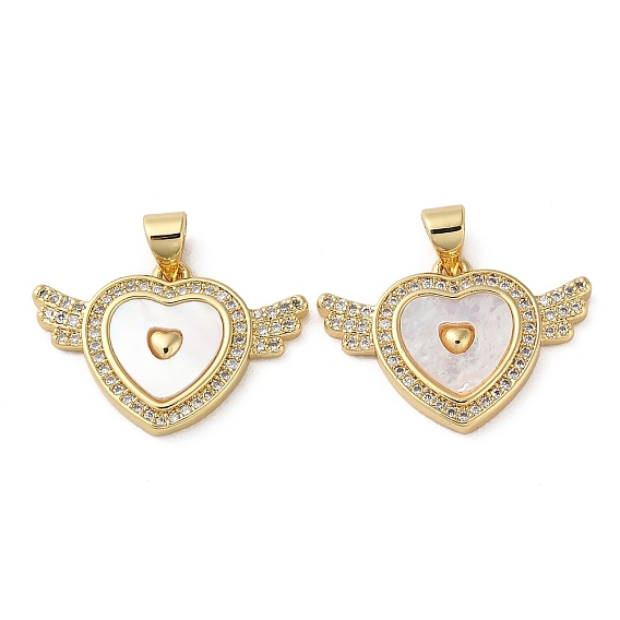 Brass Micro Pave Cubic Zirconia Pendants, Cadmium Free & Lead Free, with Shell, Heart with Wings