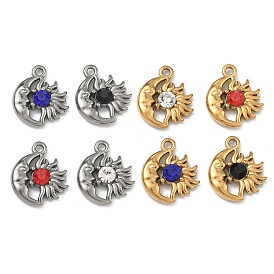 304 подвески из нержавеющей стали, амулеты луны и солнца, со стразами, ионное покрытие (ip), золотой / нержавеющая сталь цвета