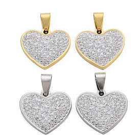 201 Stainless Steel Pendants, with Crystal Rhinestone and Stainless Steel Snap On Bails, Heart