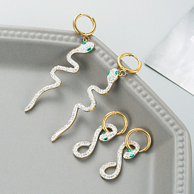 Fashionable and Personalized Snake-shaped Earrings with Hollow-out Design and Diamond Inlay, Made of Titanium Steel.