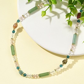 Natural Green Aventurine Column and Natural Multicolor Tourmaline Beaded Necklaces, with Glass Beads