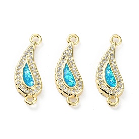 Rack Plating Brass Micro Pave Clear Cubic Zirconia Connector Charms, Teardrop Links with Cyan Synthetic Opal, Cadmium Free & Lead Free, Long-Lasting Plated