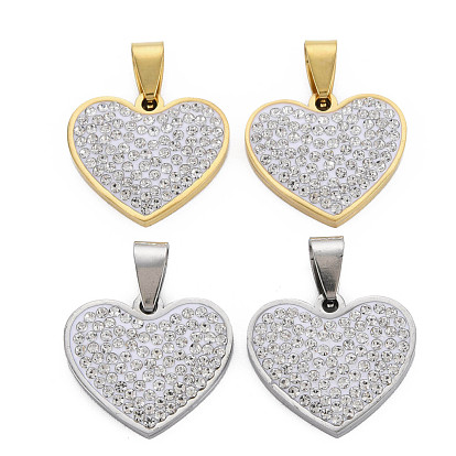 201 Stainless Steel Pendants, with Crystal Rhinestone and Stainless Steel Snap On Bails, Heart