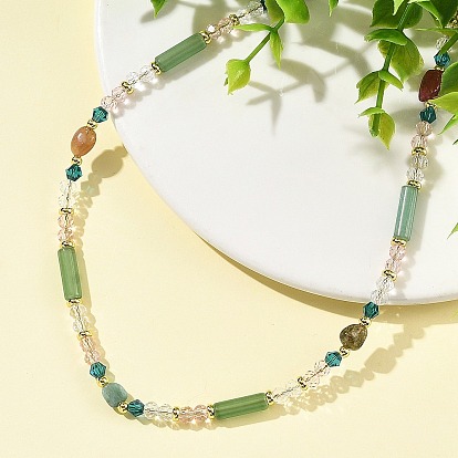 Natural Green Aventurine Column and Natural Multicolor Tourmaline Beaded Necklaces, with Glass Beads