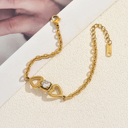 Stainless Steel Heart Link Bracelets with Clear Cubic Zirconia for Women Daily Wear Gift