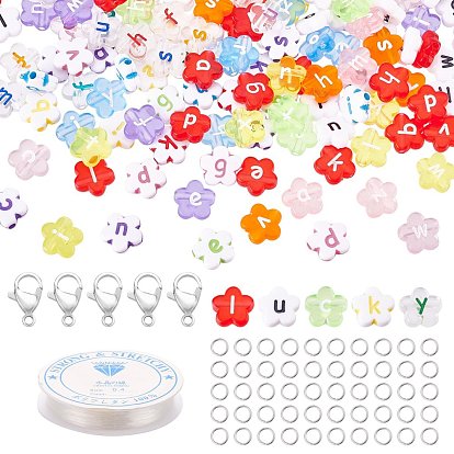 400Pcs Flower with Letter Acrylic Beads, Zinc Alloy Lobster Claw Clasps, Elastic Crystal Thread and Iron Jump Rings, for DIY Pendants/Bracelets Jewelry Making Kits