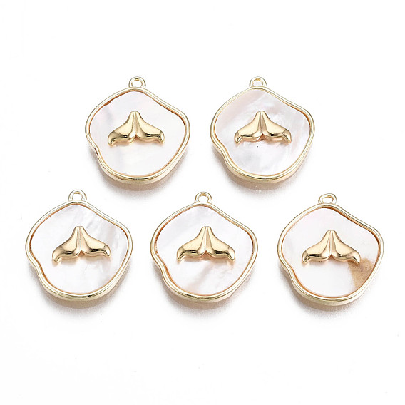 Brass Pendants, with Natural Shell, Nickel Free, Whale Tail