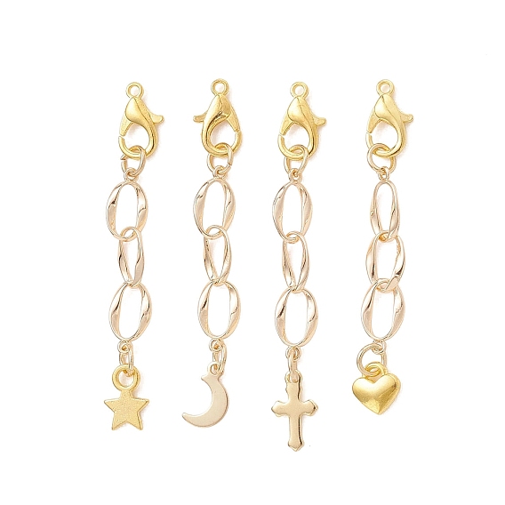 4шт. латунный овальный удлинитель звена, Цепочки с застежками-карабинами из цинкового сплава и подвесками из нержавеющей стали и сплавов., звезда, луна, крест и сердце