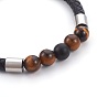 Men's Natural Tiger Eye Bracelets, with Leather Cord, 304 Stainless Steel Finding