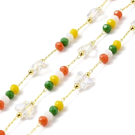 Handmade Eco-friendly Brass Cable Chain, with Glass & CCB Plastic Butterfly & Round Beaded, Long-Lasting Plated, Golden, Soldered, with Spool
