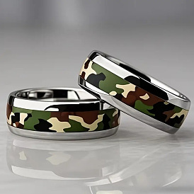 201 Stainless Steel Epoxy Resin Finger Rings, Camouflage Pattern, Stainless Steel Color