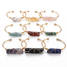 Латунь манжеты браслеты, крутящий момент, с натуральным камнем, проволоки, обернутые, золотой свет, латунный открытый браслет