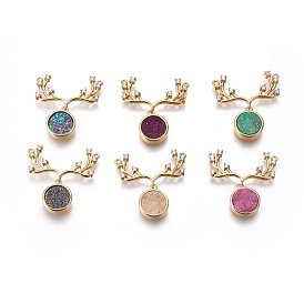 Electroplated Natural Druzy Quartz Pendants, with Cubic Zirconia and Brass Findings, Flat Round and Antler, Golden