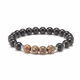 Gemstone Mala Bead Bracelet, Natural Wood & Tibetan 3-Eye dZi Agate Beaded Stretch Bracelet for Men Women