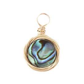 Natural Abalone Shell/Paua Shell Pendants, with Copper Wire, Flat Round