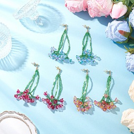 3 Pairs Brass Glass Dangle Stud Earrings, Flower, with 304 Stainless Steel