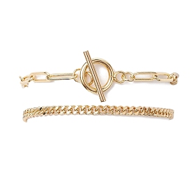 2Pcs 2 Styles Brass Twist Chain Bracelets and Paperclip Chain Bracelets for Women Men, with 304 Stainless Steel Clasps