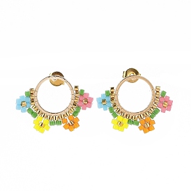 Glass Seed Braided Flower Dangle Stud Earrings, Golden Brass Circle Ring Earrings for Women