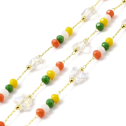 Handmade Eco-friendly Brass Cable Chain, with Glass & CCB Plastic Butterfly & Round Beaded, Long-Lasting Plated, Golden, Soldered, with Spool