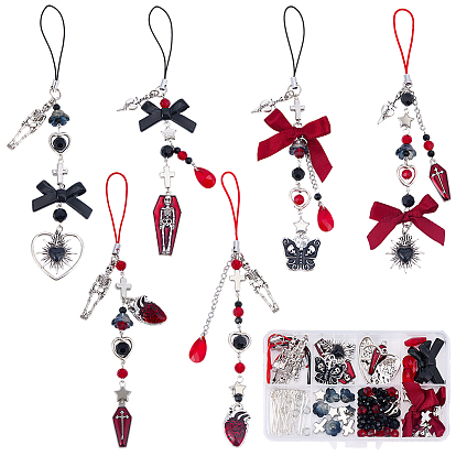 Наборы для самостоятельного изготовления мобильного ремня, включая ремешки для мобильных телефонов из полиэстера и нейлона., полиэстер боуконт, подвески из сплава и рамки для бусинок, пластиковые и стеклянные бусины, стеклянный кулон и колпачки для бусин, латунная булавка, кольца и цепочка